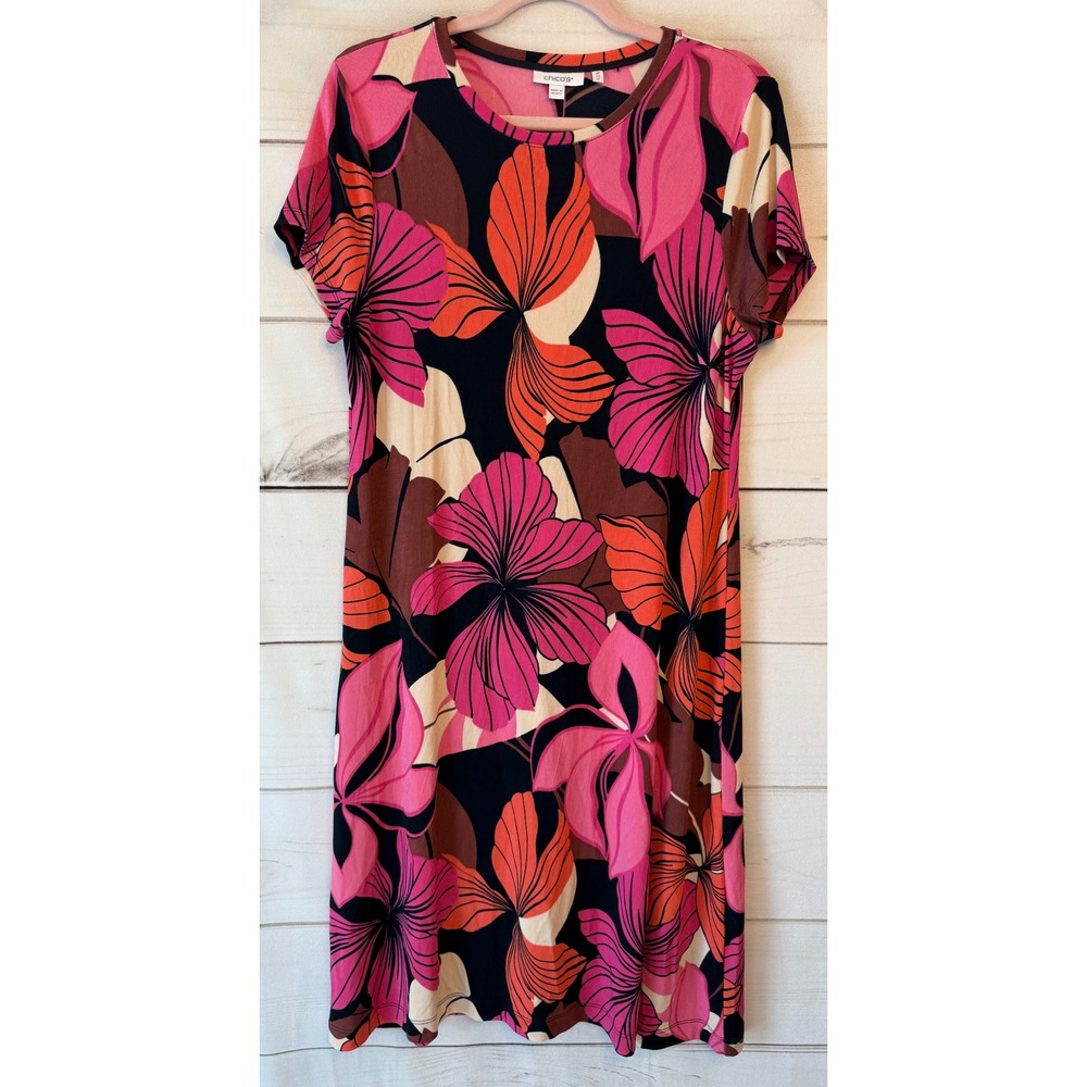 Chicos Floral Shift Dress Womens 2P LP Pink Orange Black Short Sleeve Stretch